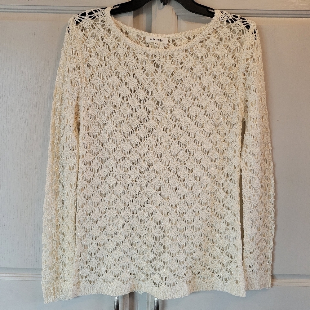 Miracle USA Cream Colored Crochet Long Sleeve Glittery Top